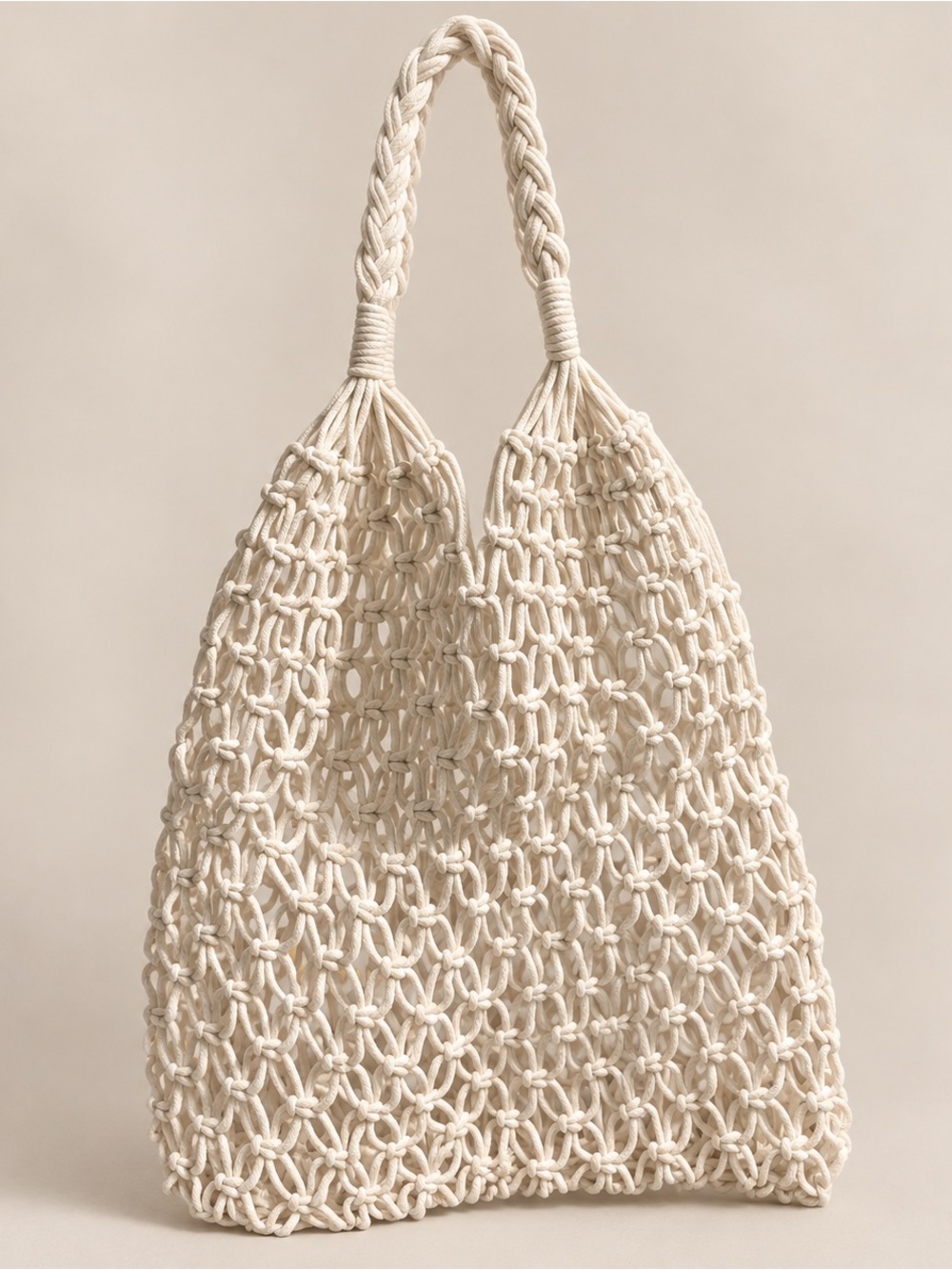 Hand-Knotted Cream Macramé Tote Bag